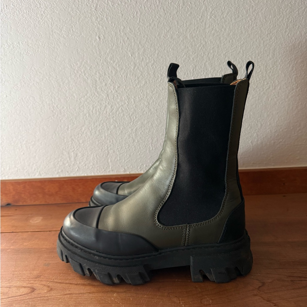Ganni Olive Green And Black Combat Chelsea Ankle Boots